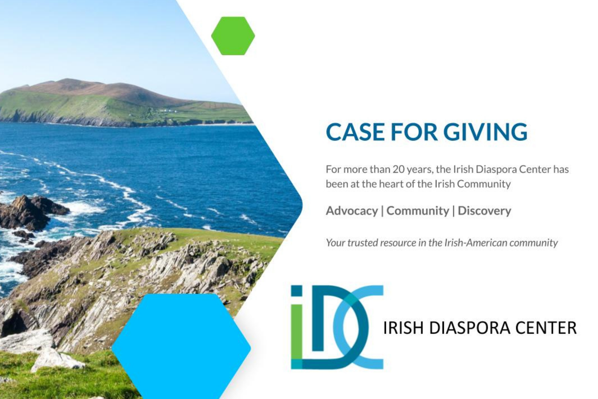 Case for giving, presentation deck, Irish Diaspora Center